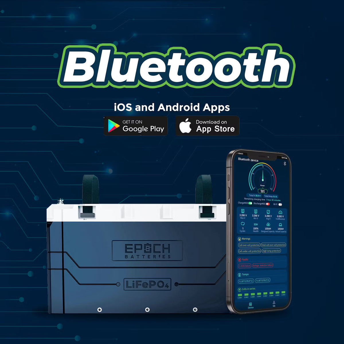 Black EPOCH LiFePO4 battery with green handles, next to a smartphone displaying its Bluetooth monitoring app.