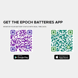 Two QR codes, purple for Google Play and green for App Store, for the EPOCH Batteries app.