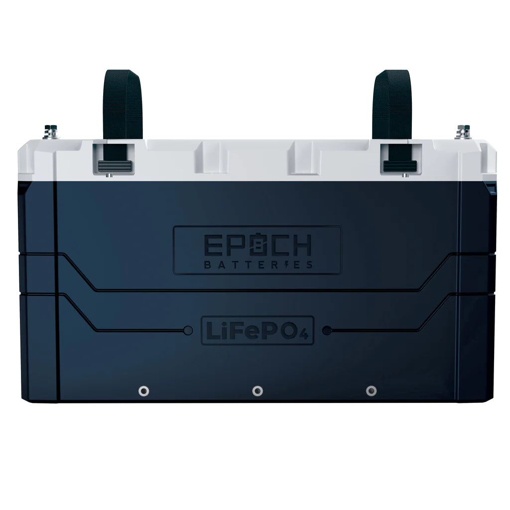 Dark blue and white EPOCH LiFePO4 battery with black straps and silver terminals.
