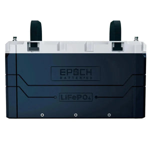 Dark blue and white EPOCH LiFePO4 battery with black straps and silver terminals.