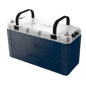 Blue and white EPOCH LiFePO4 battery with black carrying straps and red/black terminals.