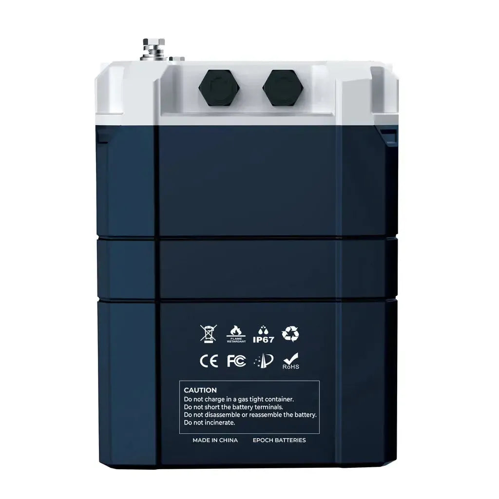 Dark blue and white 12V 460Ah EPOCH V2 Elite LiFePO4 battery with IP67 rating and safety labels.