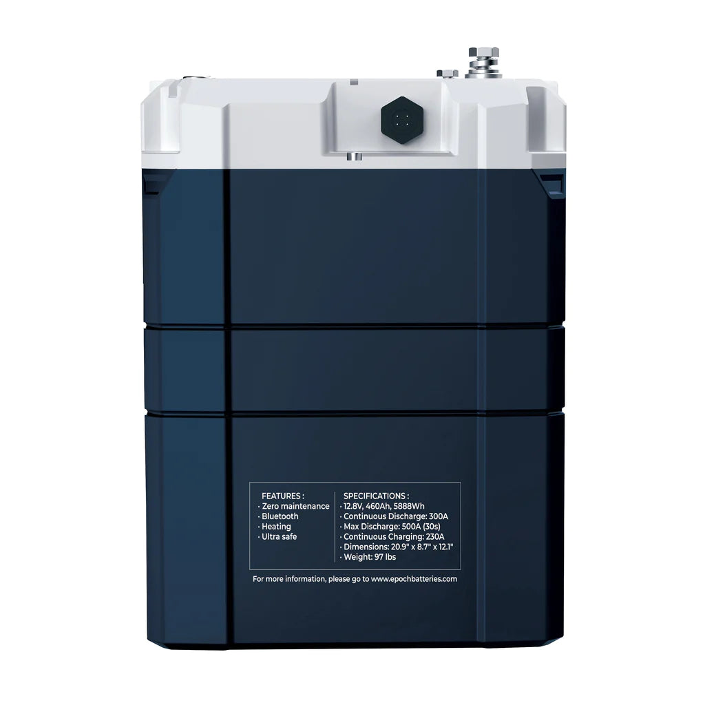 Dark blue and white 12V 460Ah EPOCH V2 Elite Series LiFePO4 battery with visible specs.