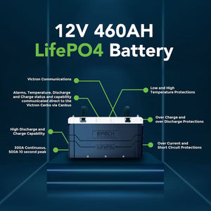 Dark blue and white EPOCH 12V 460AH LiFePO4 battery with key features highlighted.