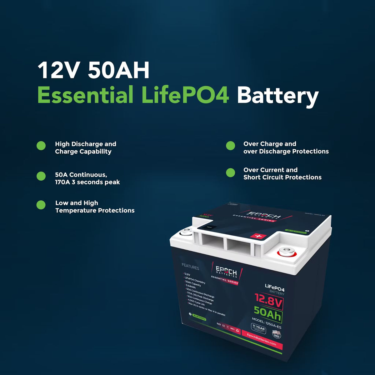 Black and white 12V 50AH Epoch Essentials LiFePO4 battery with red and green accents, featuring top terminals.
