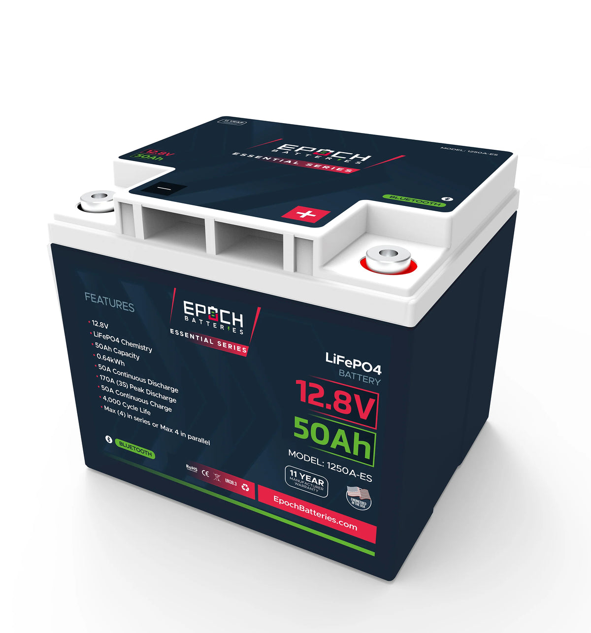 Dark blue and white Epoch Essentials 12V 50Ah LiFePO4 battery with red and black terminals, featuring Bluetooth.