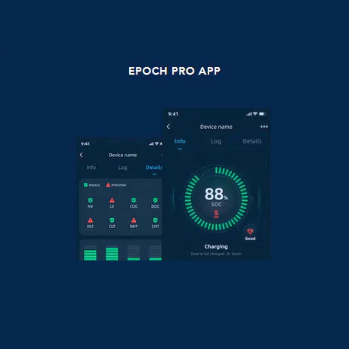 Epoch Pro App interface on two smartphones displaying battery status and protection features.
