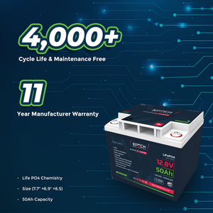 Epoch Essentials 12V 50AH LiFePO4 battery, black and white casing with red and green accents.