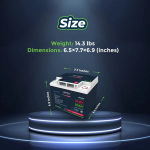 Black Epoch Essentials 12V 50AH LiFePO4 battery with white terminals, displaying dimensions and weight.