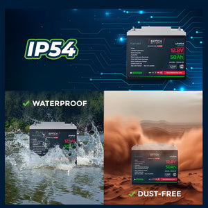 Black 12V 50AH Epoch Essentials LiFePO4 battery with green and red accents, shown waterproof and dust-free.