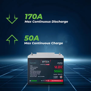 Epoch Essentials 12V 50AH LiFePO4 battery with Bluetooth, black case, and red label, showing charge/discharge specs.