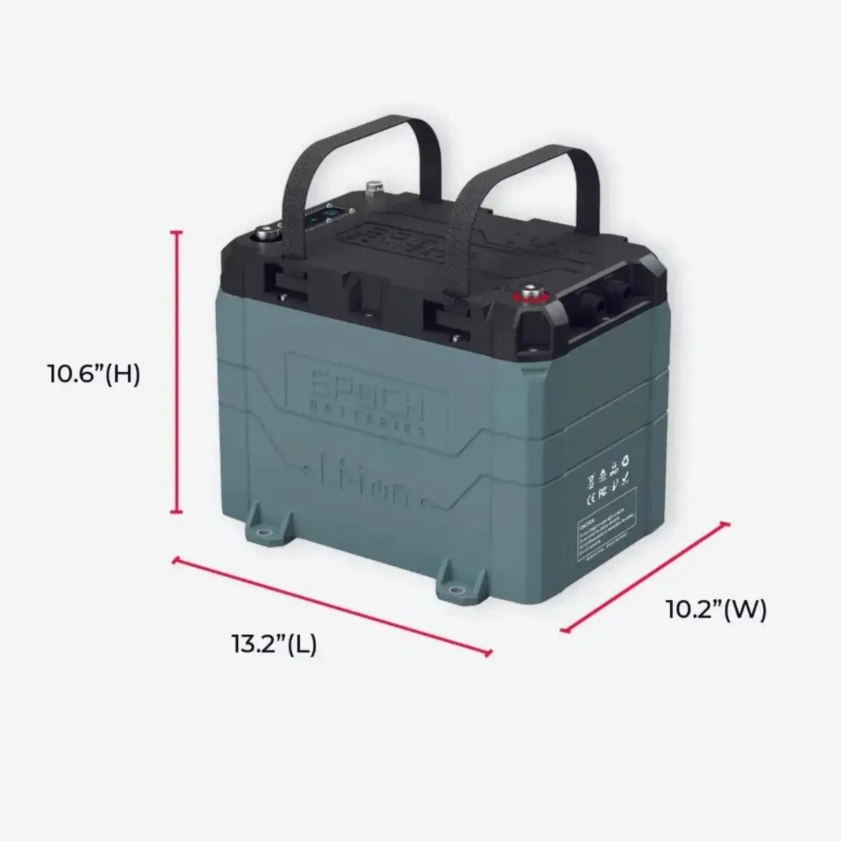 Gray Epoch 12V 50AH LiFePO4 marine battery with black top, carry handles, and dimensions shown.