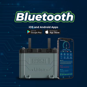 Gray Epoch Li-ion marine battery with black handles, next to a smartphone displaying the Bluetooth app.