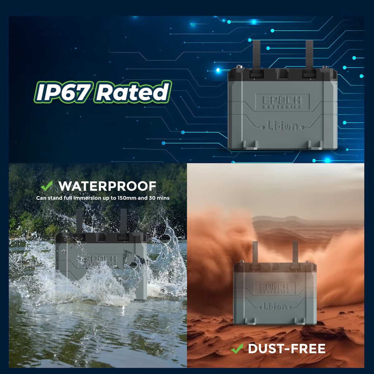 Gray Epoch Marine Lithium Battery, IP67 rated, shown waterproof in water and dust-free in a desert.