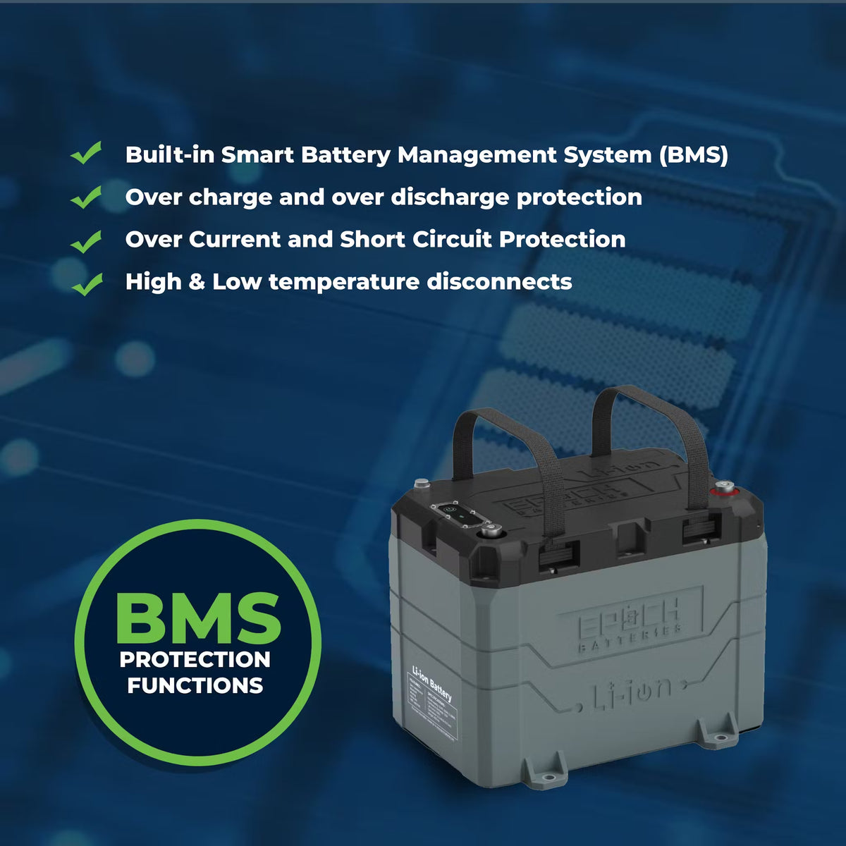 Gray Epoch 12V 50AH LiFePO4 marine battery with black top, handles, and BMS protection features.