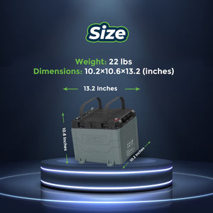 Gray Epoch 12V 50AH LiFePO4 marine battery with black handles, showing dimensions and 22 lbs weight.