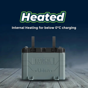 Gray Epoch 12V 50AH Li-ion marine battery with black top and straps, on a wooden surface.