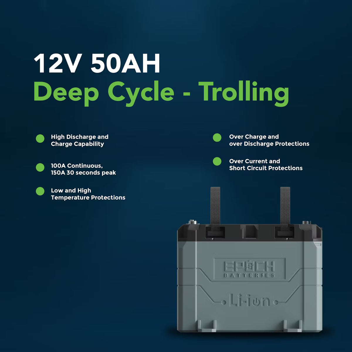 Gray Epoch 12V 50AH Li-ion deep cycle marine battery with black straps and protective features listed.