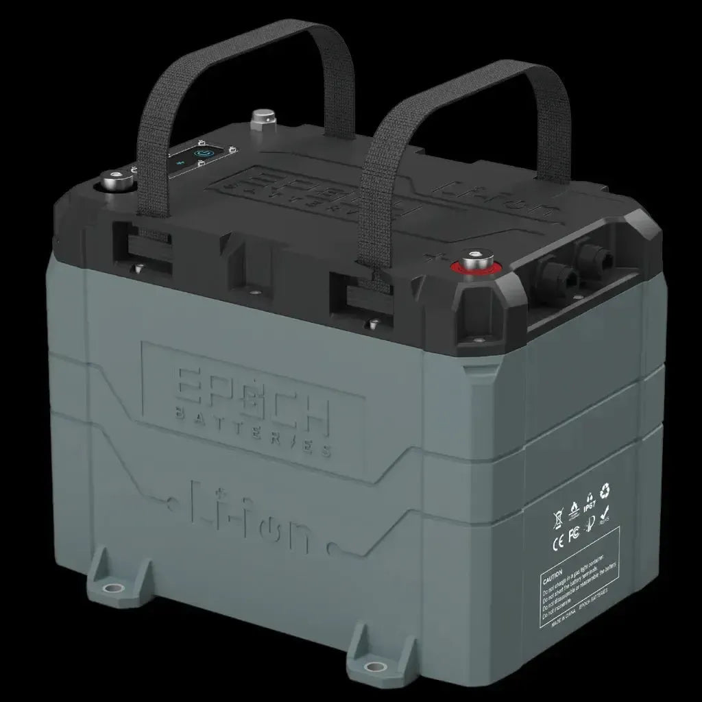 Gray Epoch 12V 50AH LiFePO4 marine battery with black top, carry handles, and red terminal.