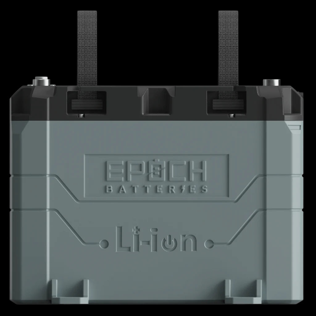 Gray and black Epoch 12V 50AH Li-ion marine battery with carry straps and top terminals.