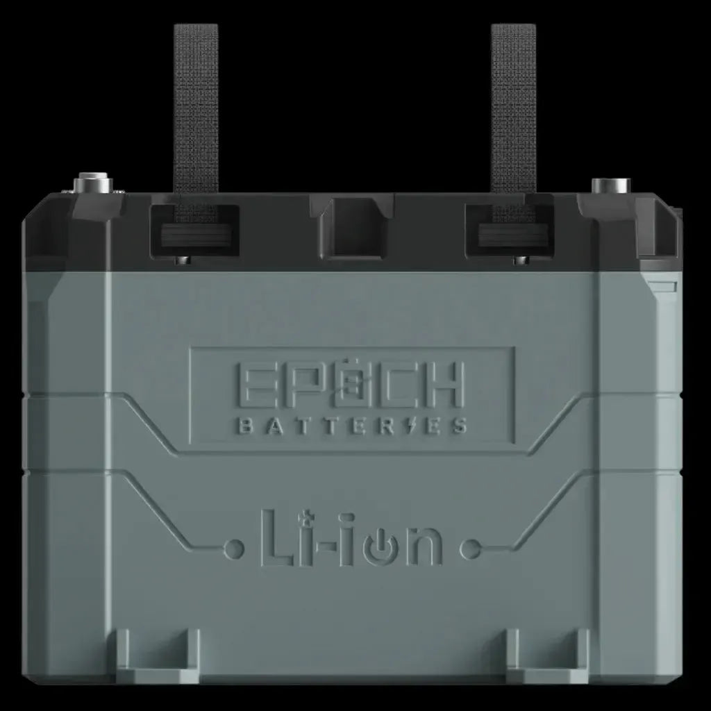 Gray and black Epoch 12V 50AH Li-ion marine battery with carry straps and top terminals.