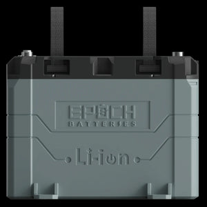 Gray and black Epoch 12V 50AH Li-ion marine battery with carry straps and top terminals.