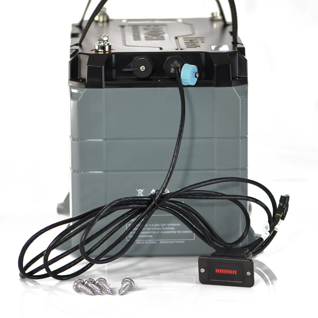 Gray 12V 50AH Epoch Marine Lithium Battery with black top, cables, blue connector, and battery monitor.