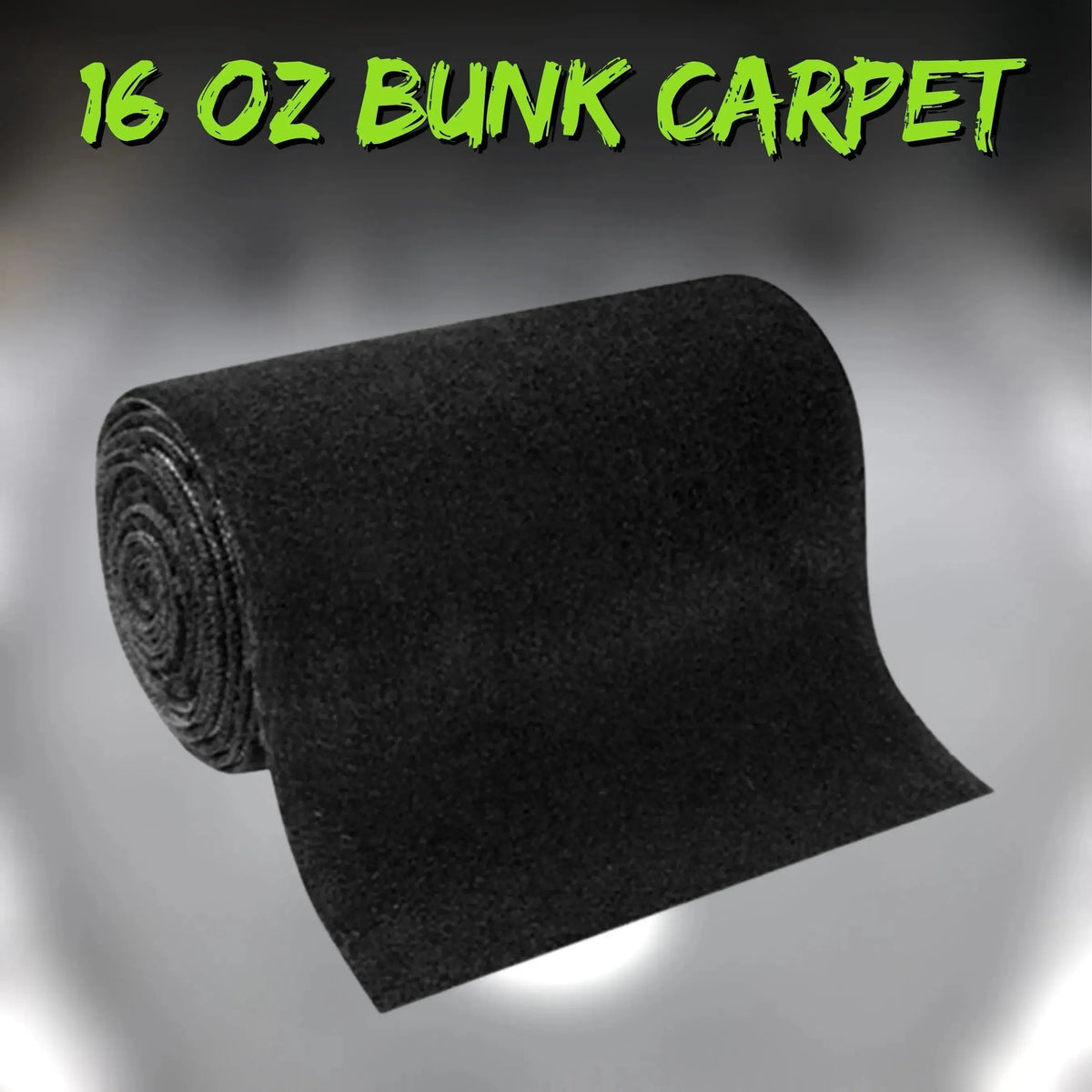Rolled black 16 oz marine-grade polypropylene boat trailer bunk carpet with rubber backing.