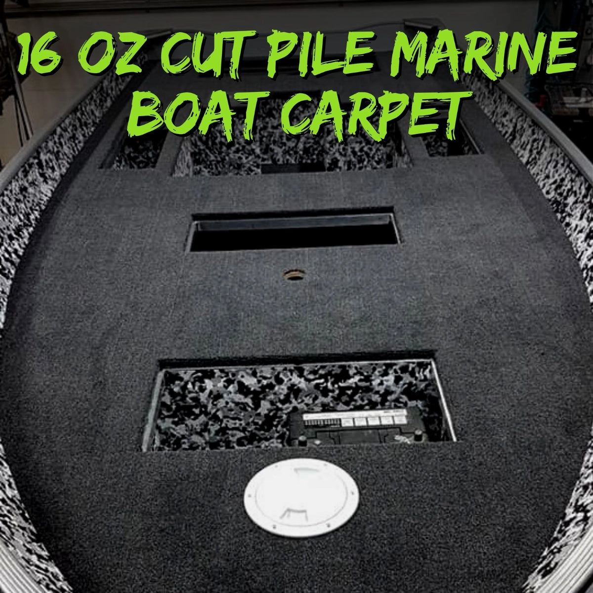 Dark gray 16 oz cut pile marine grade boat carpet installed in a boat, with textured trim.