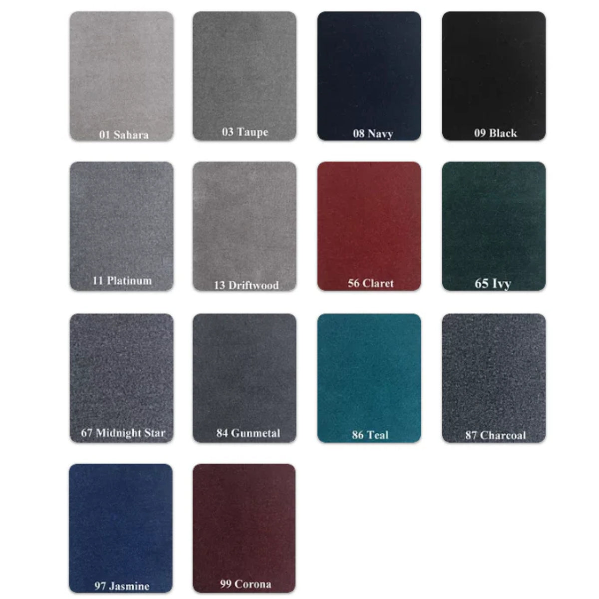 Swatches of 16 oz. cut pile marine carpet in Sahara, Taupe, Navy, Black, Platinum, Driftwood, Claret, Ivy, Midnight Star, Gunmetal, Teal, Charcoal, Jasmine, and Corona.