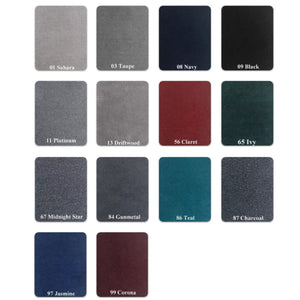 Swatches of 16 oz. cut pile marine carpet in Sahara, Taupe, Navy, Black, Platinum, Driftwood, Claret, Ivy, Midnight Star, Gunmetal, Teal, Charcoal, Jasmine, and Corona.