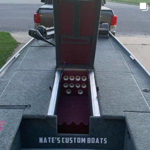Gray 16 oz. cut pile marine-grade boat carpet installed on a jon boat, with a red storage hatch open.