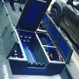 Gray 16 oz. cut pile marine-grade boat carpet lining a boat's interior, including storage compartments with blue accents.