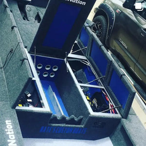 Gray 16 oz. cut pile marine-grade boat carpet lining a boat's interior, including storage compartments with blue accents.