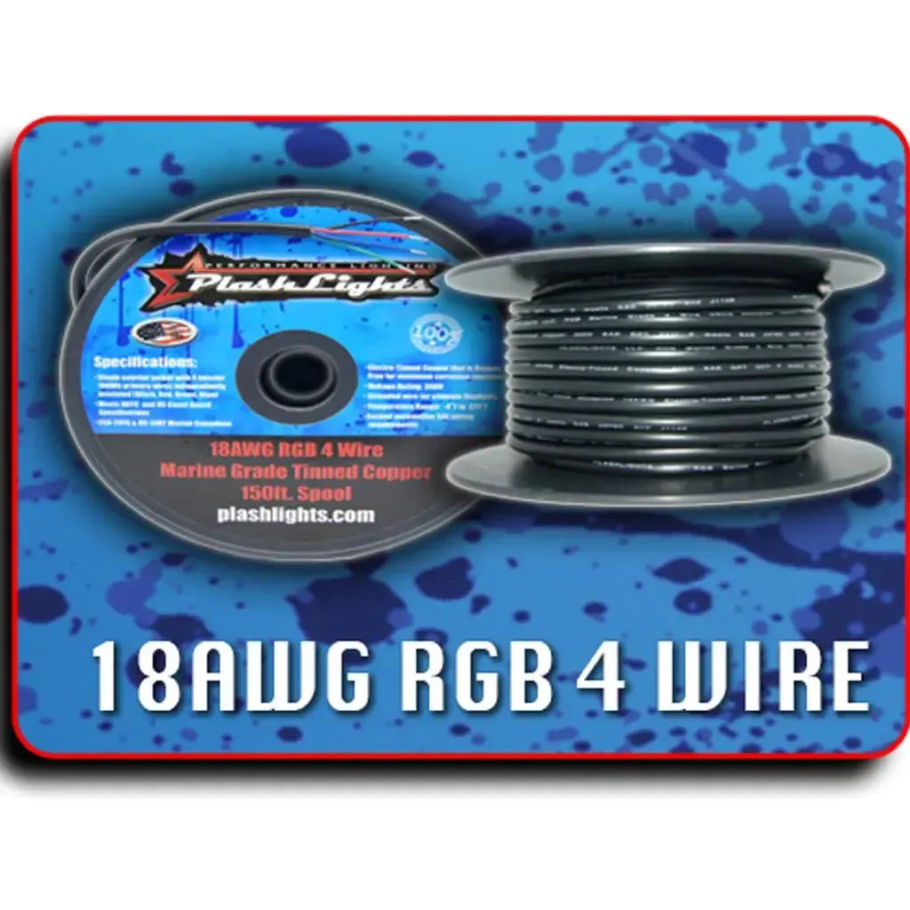 Black 18AWG RGB 4 conductor marine-grade tinned copper wire on a 150ft spool with product label.