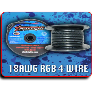 Black 18AWG RGB 4 conductor marine-grade tinned copper wire on a 150ft spool with product label.