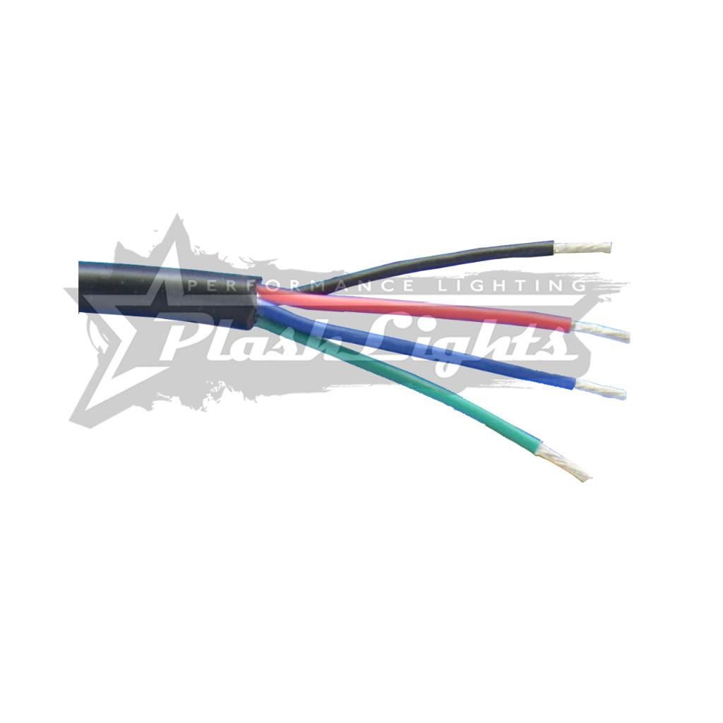 Black exterior jacket with four exposed 18AWG electro-tinned copper wires: black, red, green, blue.