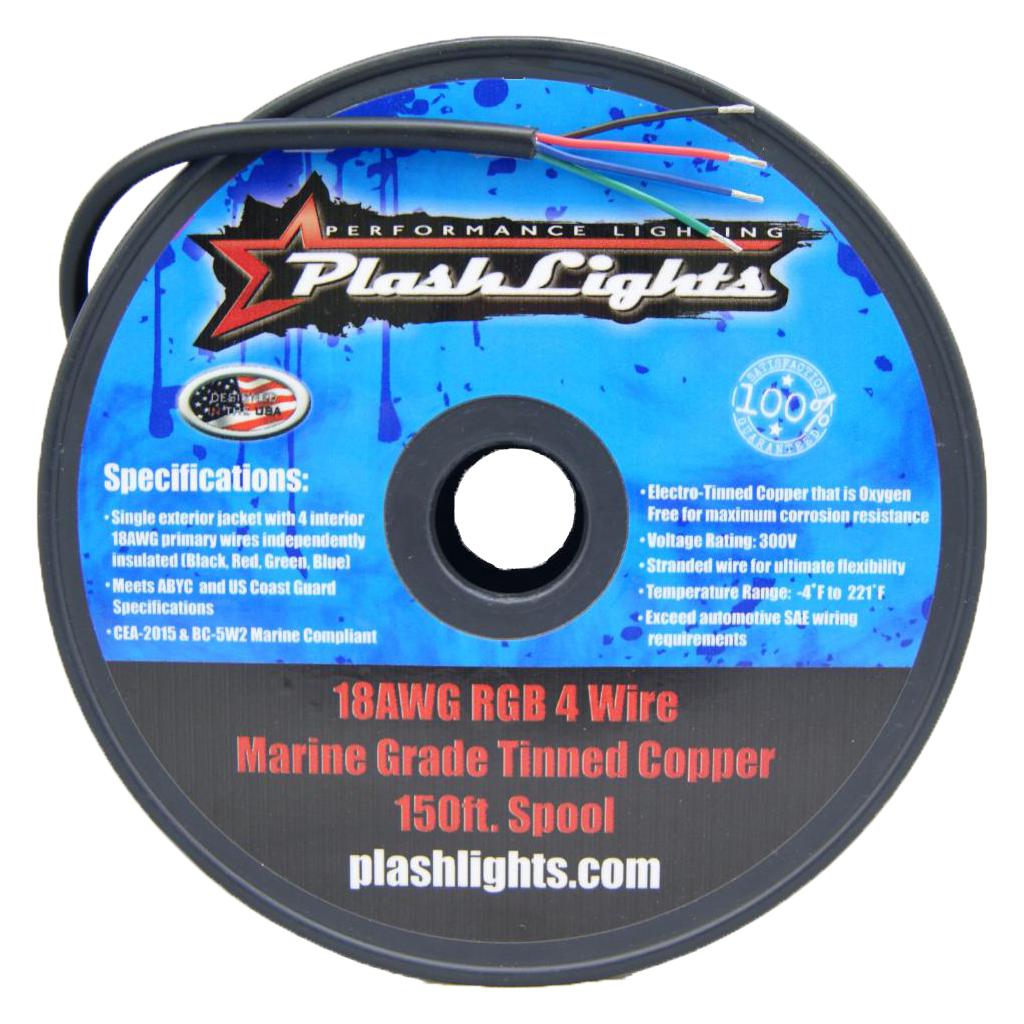 Black 150ft spool of 18AWG RGB 4-conductor marine-grade tinned copper wire with exposed red, green, blue, and black wires.