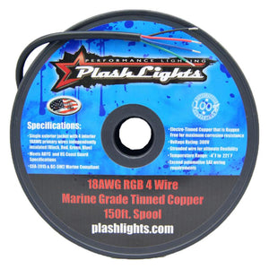 Black 150ft spool of 18AWG RGB 4-conductor marine-grade tinned copper wire with exposed red, green, blue, and black wires.