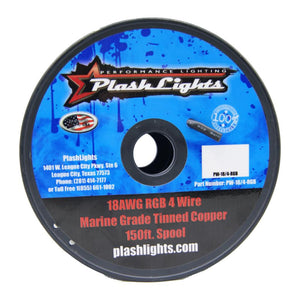 Plash Lights 18AWG RGB 4 conductor marine-grade tinned copper wire, 150ft spool with blue label.