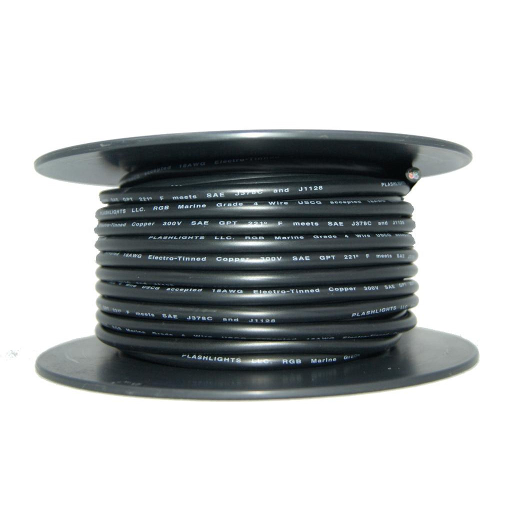 Black 18AWG RGB 4 conductor marine wire on a 150ft spool, electro-tinned copper.