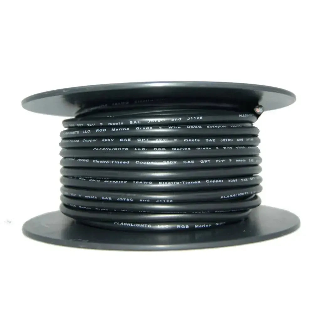 Black 18AWG RGB 4 conductor marine wire on a 150ft spool, electro-tinned copper.
