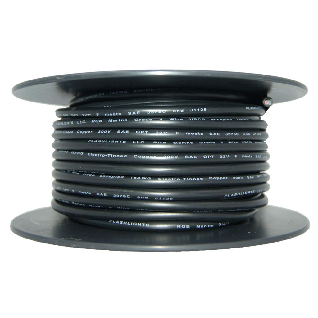 Black 18AWG RGB+W 5 conductor marine wire, 150ft spool, electro-tinned copper.