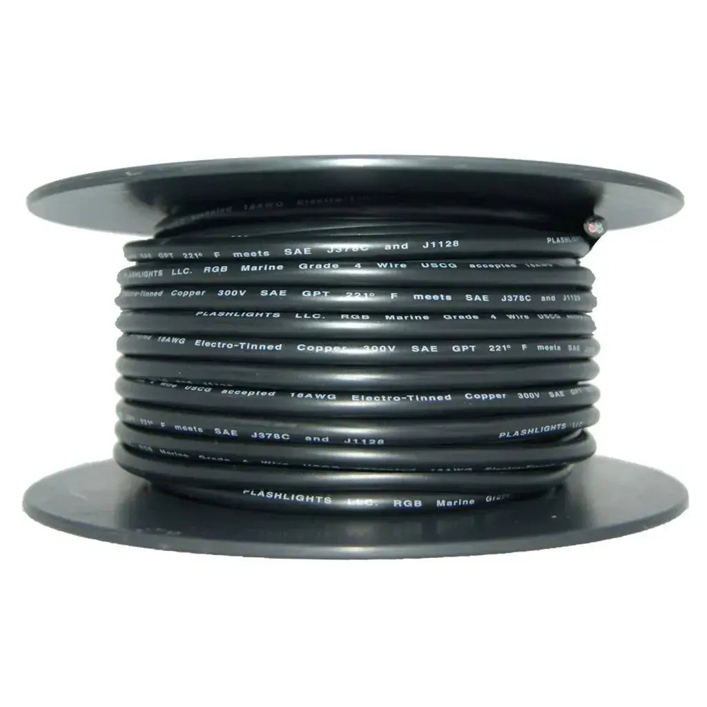 Black 18AWG RGB+W 5 conductor marine wire, 150ft spool, electro-tinned copper.