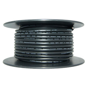 Black 18AWG RGB+W 5 conductor marine wire, 150ft spool, electro-tinned copper.
