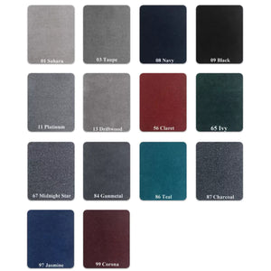 Swatches of 20 oz cut pile marine grade boat carpet in various colors including Taupe, Navy, Black, and Teal.