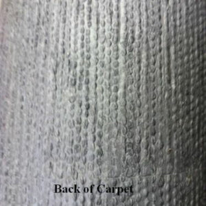 Close-up of the textured, dark gray backing of 20 oz cut pile marine grade boat carpet.