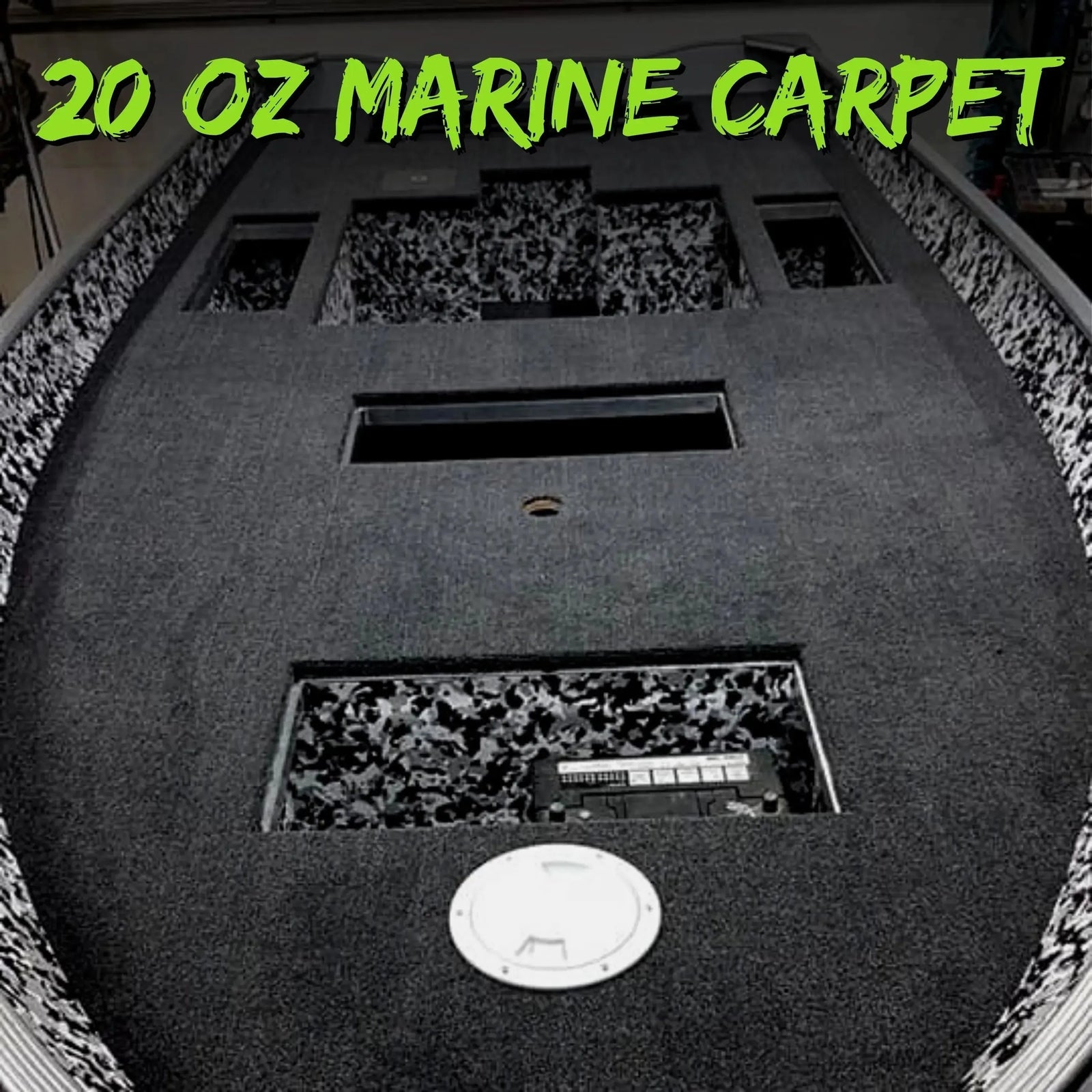 Dark gray 20 oz marine grade premium boat carpet installed in a boat deck, with black and white camouflage accents.