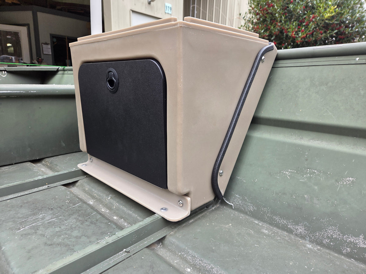 Tan Universal Jon Boat Tiller Console with black access door, mounted in a green aluminum jon boat.