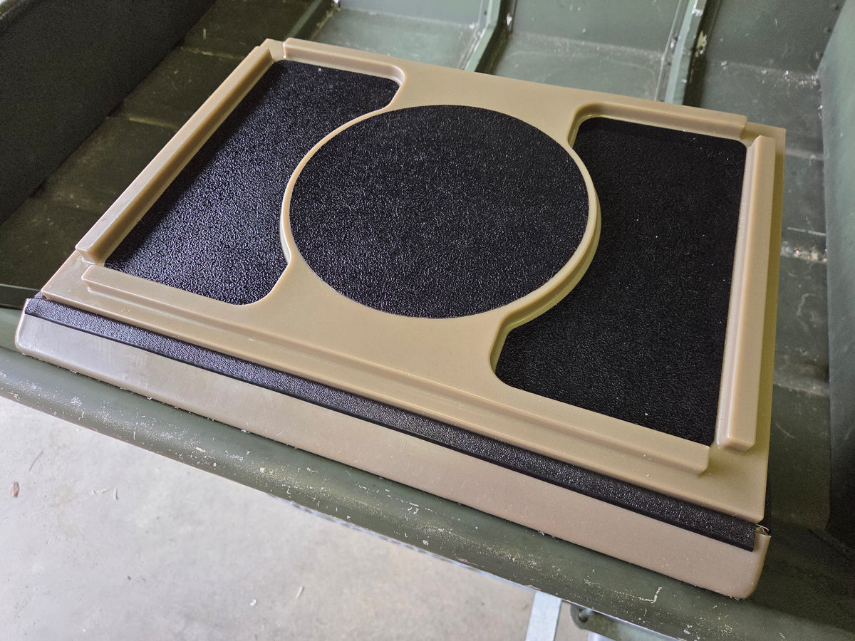 Tan Universal Jon Boat Tiller Console with black non-slip EVA foam pads, designed for marine electronics.